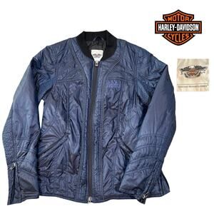 Vintage Harley Davidson Moto Jacket Women's Medium Puffer Navy Blue Biker Baddie